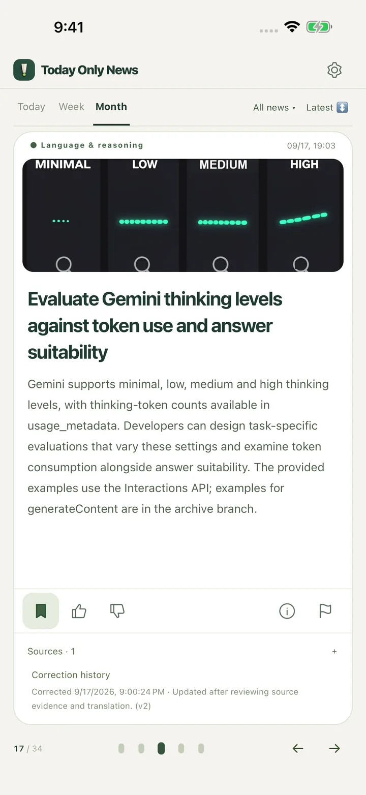 Today Only News on iPhone: a story with one image, a headline and one paragraph, with buttons to save it and open its sources.