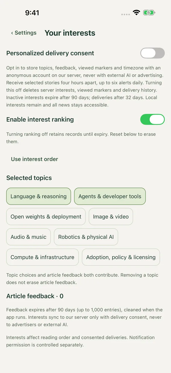 The Your interests screen: a personalized delivery consent switch, interest ranking and topic choices.