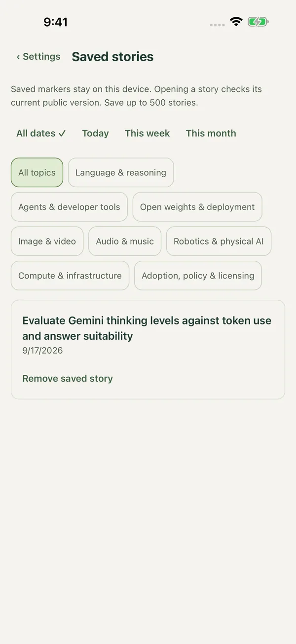 The Saved stories screen with date and topic filters and a saved story.